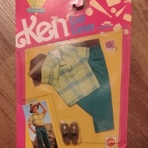 Mattel Ken Outfit Yellow Plaid Shirt Teal Pants Brown Hat Shoes